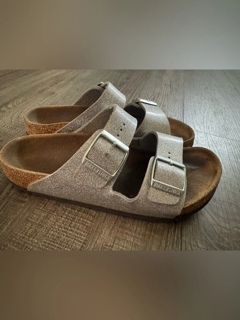 Birkenstock Kids Glitter Silver Arizona Two-Strap Sandals